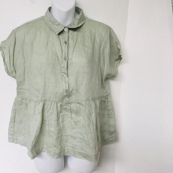 Cynthia Rowley Blouse 100% Linen Sz S Cap Sleeve Baby Doll Green Relaxed Fit - Picture 1 of 5